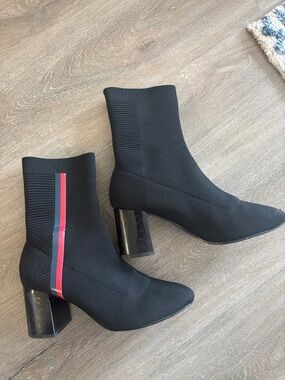 Tommy Hilfiger Black Knit Sock Ankle Boots with Red Accent